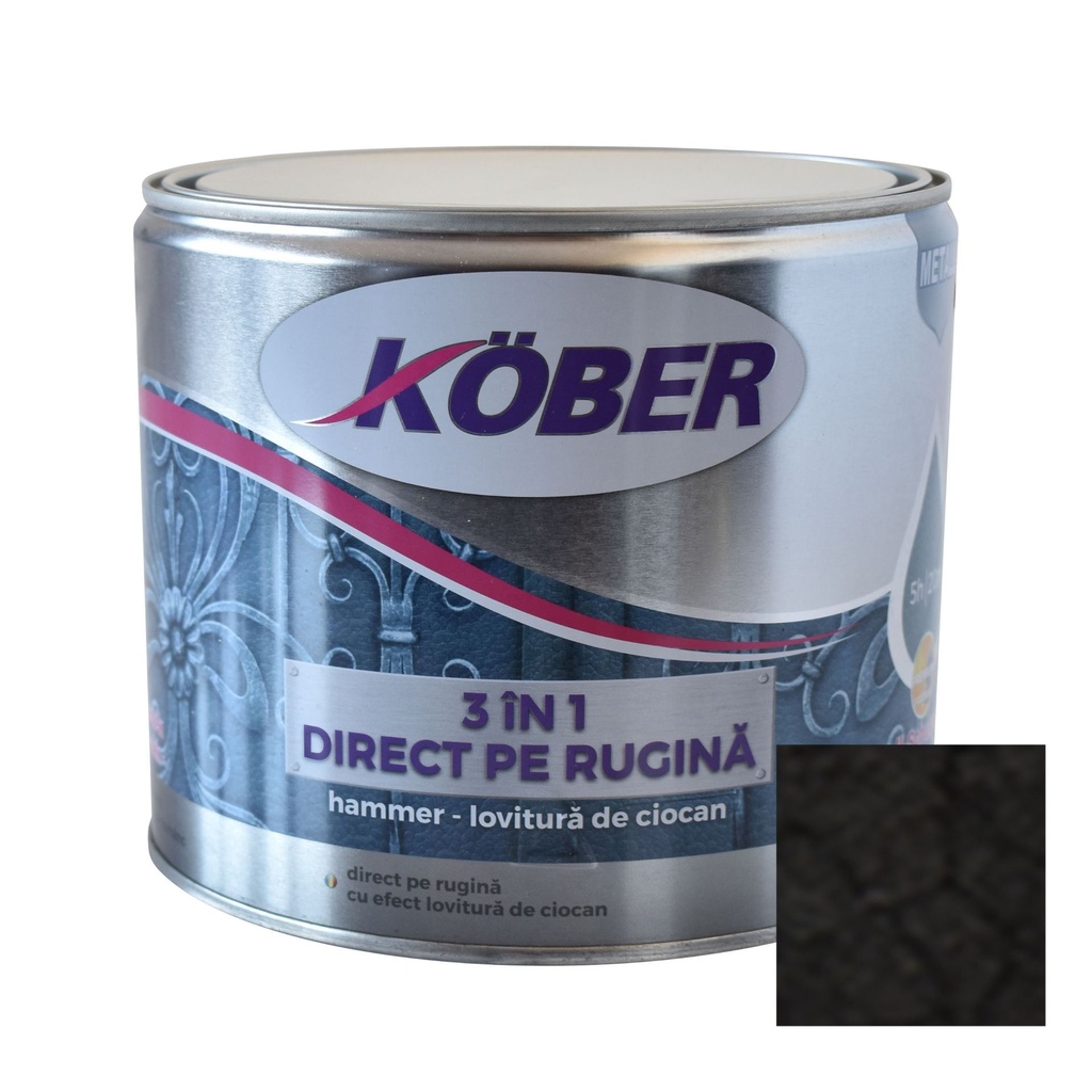 Vopsea alchidica pentru metal Kober Hammer, efect lovitura de ciocan, interior / exterior, negru E81900, 2.5 L