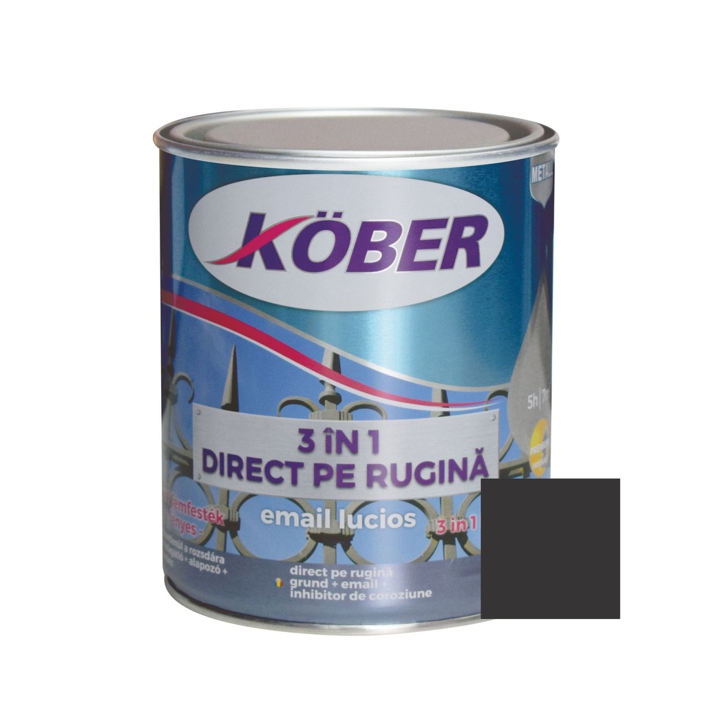 [e81900l-c0.75l] Vopsea alchidica pentru metal Kober 3 in 1, interior / exterior, negru, 0.75 L