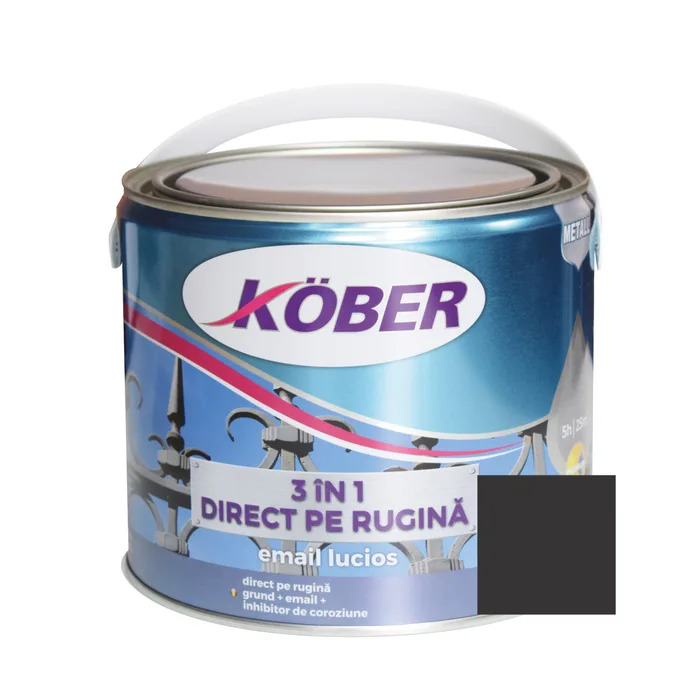 Vopsea alchidica pentru metal 3 in 1, interior/exterior, negru, 2.5l+diluant hammer 0.25l Kober
