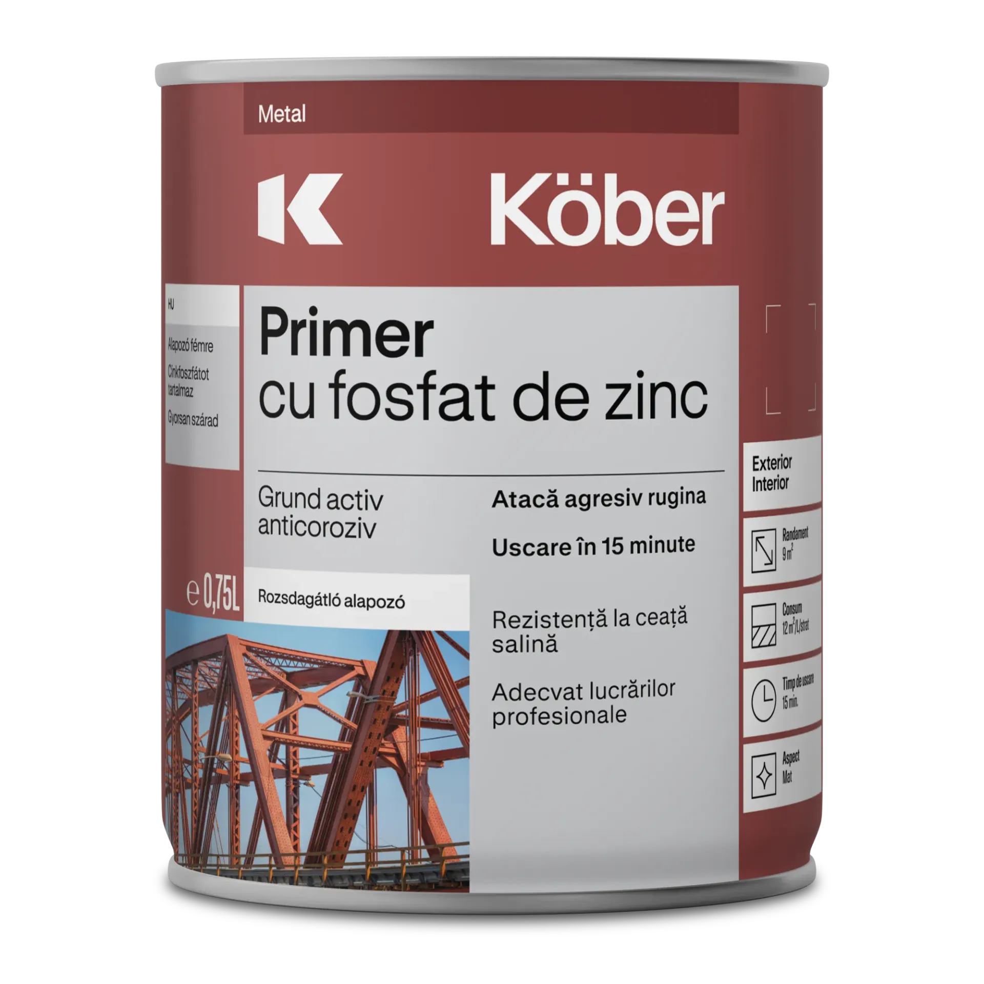 [g5181-2-c0.75l] Grund pentru metal, cu zinc, Primer, interior/exterior, gri, 0.75l Kober