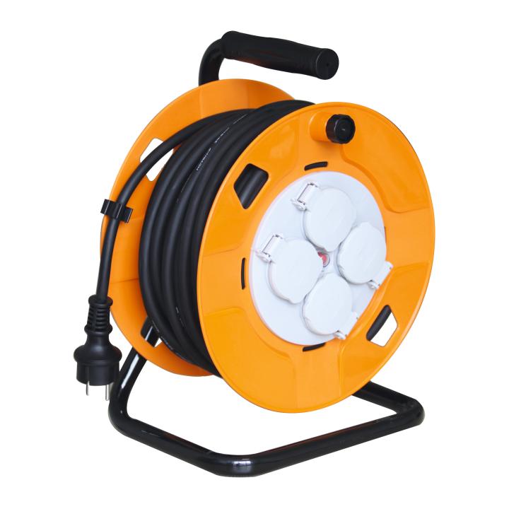 Tambur cablu, cadru metalic, 4 prize cu împământare, 30 m, 3x1,5 mm2, IP44 Somogyi