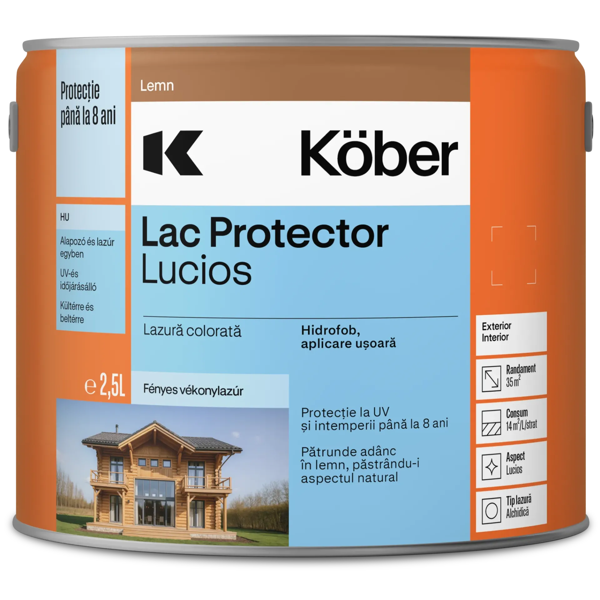 Lac protector lucios pentru lemn, interior/exterior, mahon, 2.5l Kober