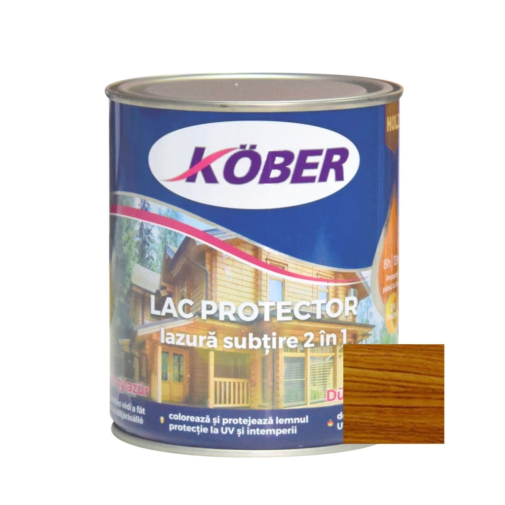 Lac/lazura subtire 2 in 1 pentru lemn, nuc mediu, interior/exterior, 0.75l Kober