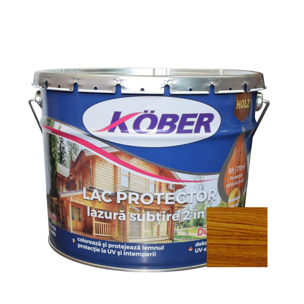 Lac-lazura subtire 2 in 1 pentru lemn, Kober, nuc mediu, interior-exterior, 10 L