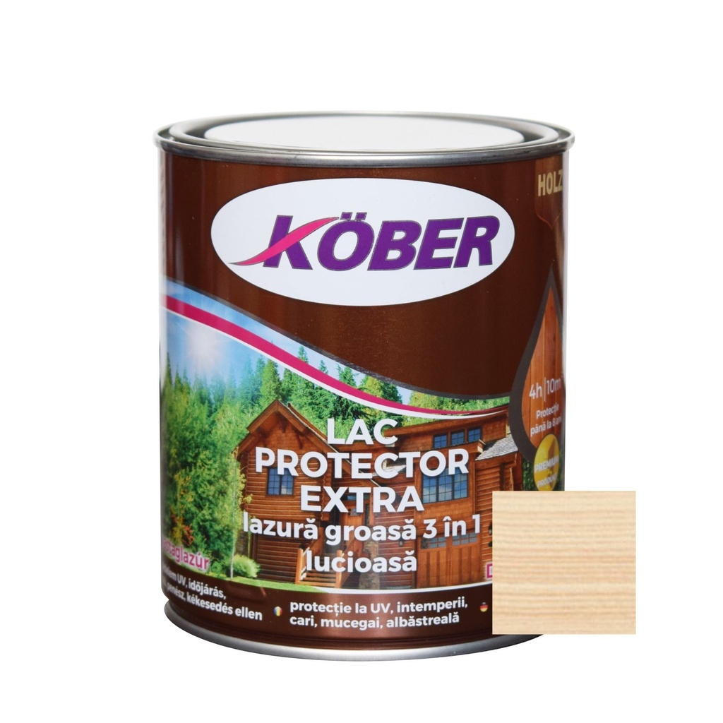 Lac/lazura groasa pentru lemn, Extra 3 in 1, incolor, interior/exterior, 0.75l Kober
