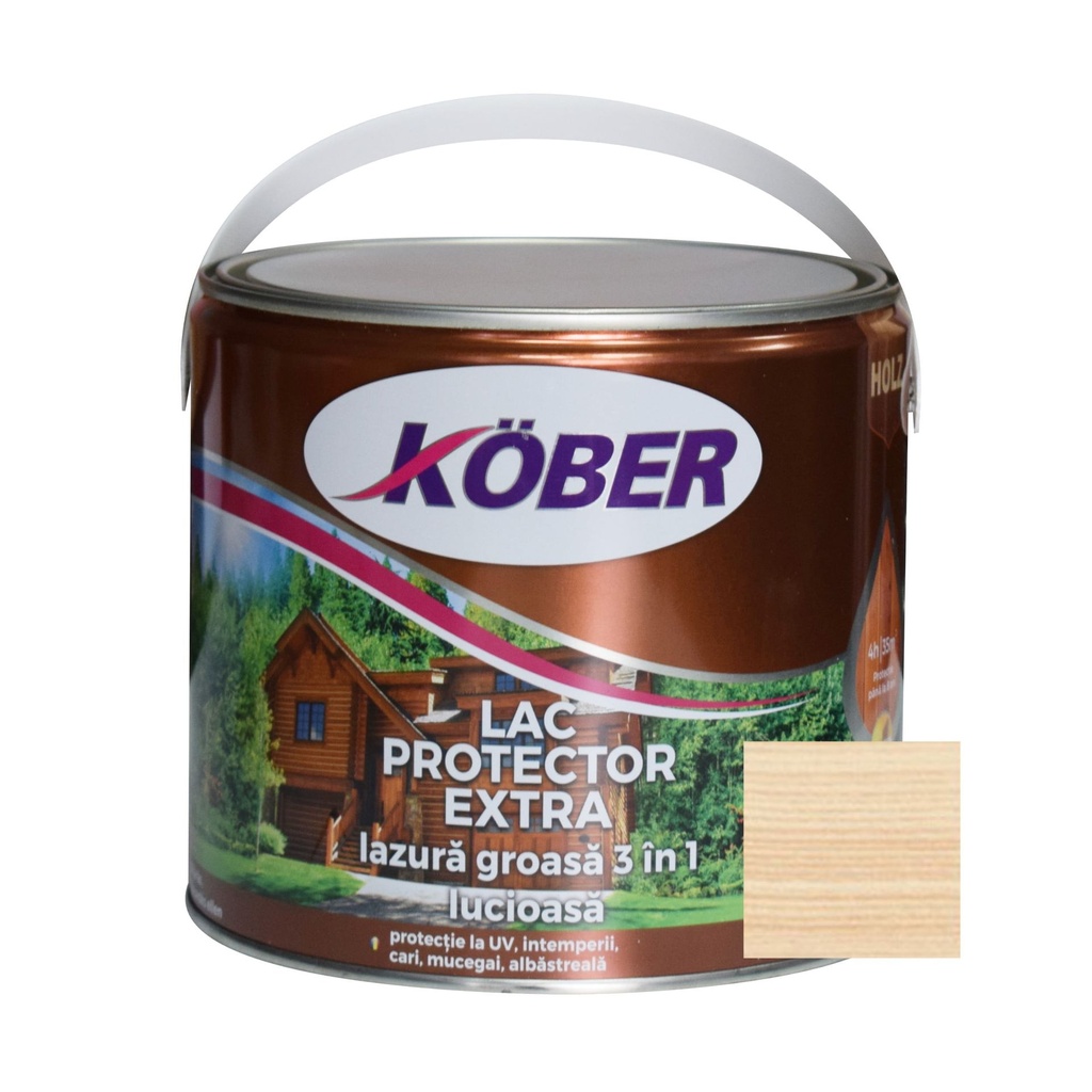 Lac/lazura groasa pentru lemn, Extra 3 in 1, incolor, interior/exterior, 2.5l Kober