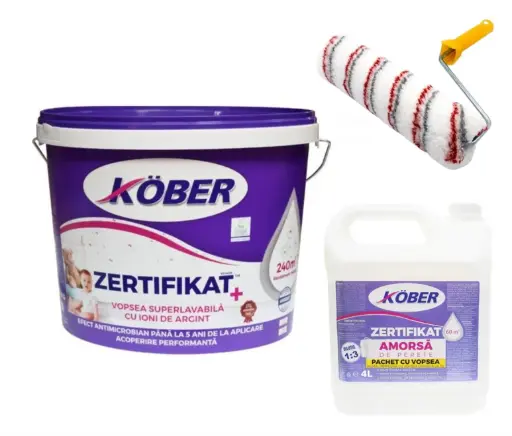 [v8140nap-p15l] Vopsea lavabila interior, Zertifikat Plus, alba, 15l + amorsa 4l Kober