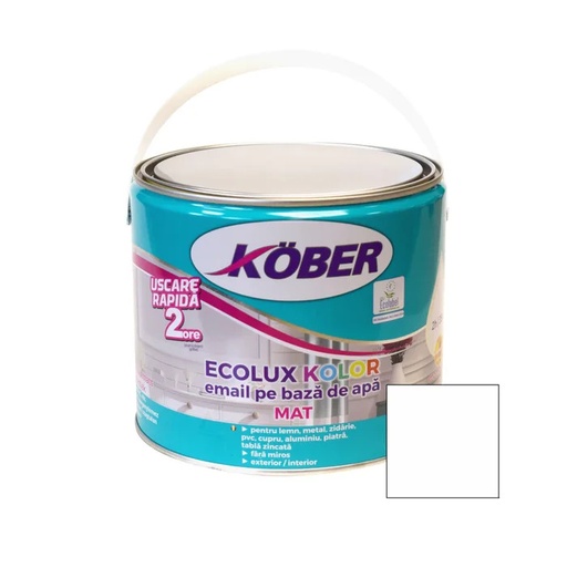 [v82101km-c2.5l] Vopsea pentru lemn / metal, Kober Ecolux Kolor, interior / exterior, pe baza de apa, mat, alb, 2.5 L