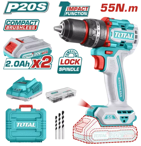 [TIDLI20558E] Masina de gaurit cu percutie 20V-2.0AH LI-ION (include 2acumulatori+1 incarcator) Total