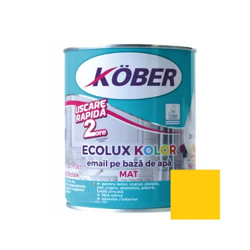 [v821018m-c0.8l] Vopsea pentru lemn / metal, Kober Ecolux Kolor, interior / exterior, pe baza de apa, mat, galben zinc Ral1018, 0.6 L