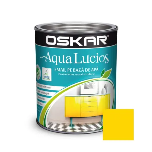 [22299] Vopsea pentru lemn / metal, Aqua Lucios, interior / exterior, pe baza de apa, galben impuls, 0.6l Oskar