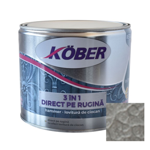 [e81180-c2.5l] Vopsea alchidica pentru metal Kober Hammer, efect lovitura de ciocan, interior / exterior, argintiu E81180, 2.5 L